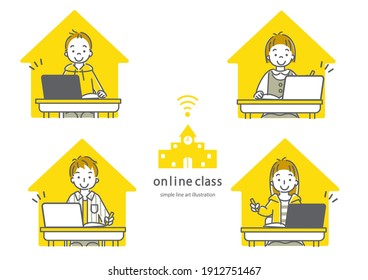 4 Schüler im Online-Unterricht, einfache Online-Kunstgrafik