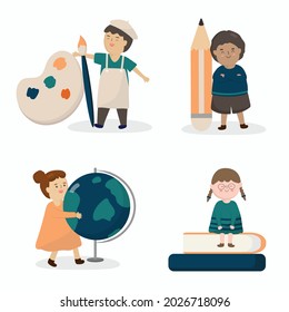 4 students study various subjects Student tools in brush and palette arts, globe geography, pencil calligraphy, textbook history. 