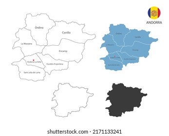 4 style of Andorra map vector illustration have all province and mark the capital city of Andorra. By thin black outline simplicity style and dark shadow style. Isolated on white background.