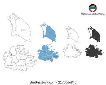 4 style of Antigua and Barbuda map vector illustration have all province and mark the capital city of Antigua and Barbuda. By thin black outline simplicity style and dark shadow style. 