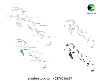 4 style of Bahamas map vector illustration have all province and mark the capital city of Bahamas. By thin black outline simplicity style and dark shadow style. Isolated on white background.