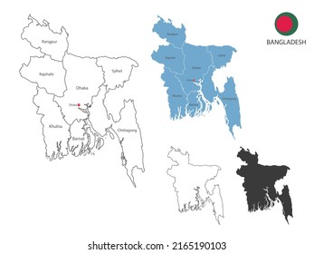 4 Stil von Bangladesch Karte Vektorgrafik haben alle Provinz und kennzeichnet die Hauptstadt von Bangladesch. Mit dünner schwarzer Umrisslinie schlichter Stil und dunklem Schattenstil. Einzeln auf weißem Hintergrund.