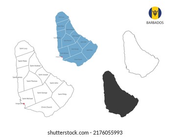 4 style of Barbados map vector illustration have all province and mark the capital city of Barbados. By thin black outline simplicity style and dark shadow style. Isolated on white background.