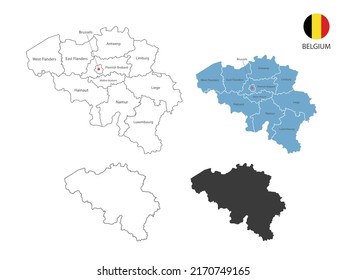 4 style of Belgium map vector illustration have all province and mark the capital city of Belgium. By thin black outline simplicity style and dark shadow style. Isolated on white background.