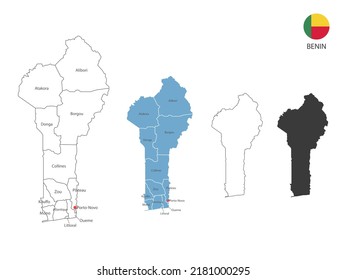 4 style of Benin map vector illustration have all province and mark the capital city of Benin. By thin black outline simplicity style and dark shadow style. Isolated on white background.