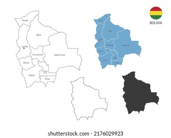 4 style of Bolivia map vector illustration have all province and mark the capital city of Bolivia. By thin black outline simplicity style and dark shadow style. Isolated on white background.