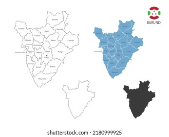 4 style of Burundi map vector illustration have all province and mark the capital city of Burundi. By thin black outline simplicity style and dark shadow style. Isolated on white background.