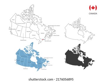 4 estilo de la ilustración de los mapas de Canadá tienen todas las provincias y marcan la ciudad capital de Canadá. Por el estilo de simplicidad del contorno negro delgado y el estilo de sombra oscura. Aislado sobre fondo blanco.