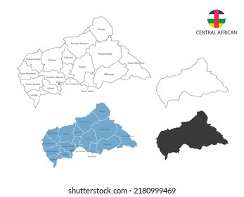 4 style of Central African map vector illustration have all province and mark the capital city of Central African. By thin black outline simplicity style and dark shadow style. 