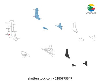 4 style of Comoros map vector illustration have all province and mark the capital city of Comoros. By thin black outline simplicity style and dark shadow style. Isolated on white background.