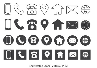 4 Style Contact information Icon in Vector Format , all are 28 icons, black and white icons, phone, call, location, home, website icons, icon collections