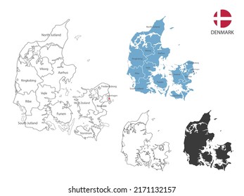 4 estilo de la ilustración del vector del mapa de Dinamarca tiene todas las provincias y marca la ciudad capital de Dinamarca. Por el estilo de simplicidad del contorno negro delgado y el estilo de sombra oscura. Aislado sobre fondo blanco.