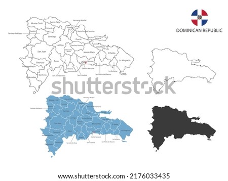 4 style of Dominican Republic map vector illustration have all province and mark the capital city of Dominican Republic. By thin black outline simplicity style and dark shadow style.