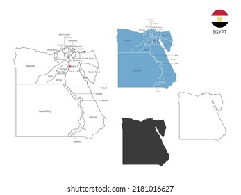 4 style of Egypt map vector illustration have all province and mark the capital city of Egypt. By thin black outline simplicity style and dark shadow style. Isolated on white background.