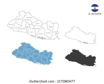 4 style of El salvador map vector illustration have all province and mark the capital city of El salvador. By thin black outline simplicity style and dark shadow style. Isolated on white background.