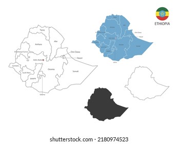 4 style of Ethiopia map vector illustration have all province and mark the capital city of Ethiopia. By thin black outline simplicity style and dark shadow style. Isolated on white background.