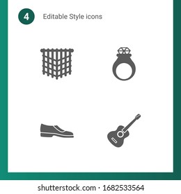 4 style filled icons set isolated on . Icons set with macrame, handmade Jewelry, Man shoes, Guitar playing icons.