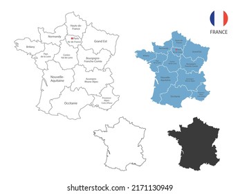 4 style of France map vector illustration have all province and mark the capital city of France. By thin black outline simplicity style and dark shadow style. Isolated on white background.