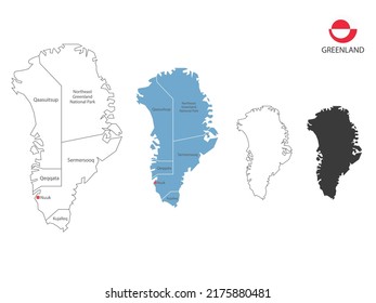 4 estilo de la ilustración de los mapas de Groenlandia tienen todas las provincias y marcan la ciudad capital de Groenlandia. Por el estilo de simplicidad del contorno negro delgado y el estilo de sombra oscura. Aislado sobre fondo blanco.