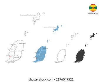 4 style of Grenada map vector illustration have all province and mark the capital city of Grenada. By thin black outline simplicity style and dark shadow style. Isolated on white background.