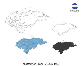 4 style of Honduras map vector illustration have all province and mark the capital city of Honduras. By thin black outline simplicity style and dark shadow style. Isolated on white background.