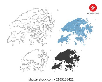 4 style of Hong Kong map vector illustration have all province and mark the capital city of Hong Kong. By thin black outline simplicity style and dark shadow style. Isolated on white background.