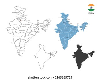 4 style of India map vector illustration have all province and mark the capital city of India. By thin black outline simplicity style and dark shadow style. Isolated on white background.