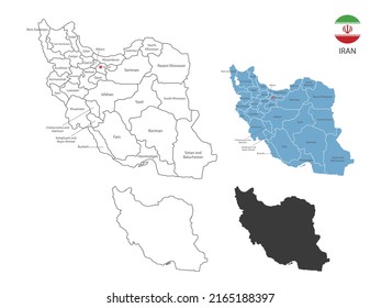 4 style of Iran map vector illustration have all province and mark the capital city of Iran. By thin black outline simplicity style and dark shadow style. Isolated on white background.