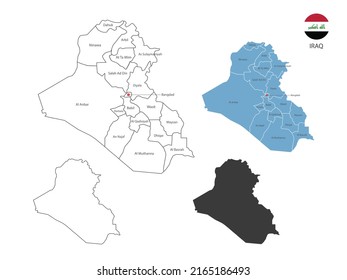 4 style of Iraq map vector illustration have all province and mark the capital city of Iraq. By thin black outline simplicity style and dark shadow style. Isolated on white background.