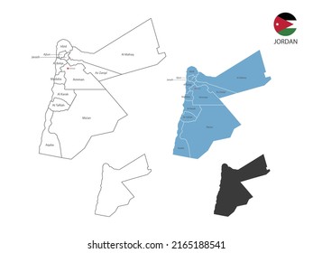 4 Stil der Jordan-Karte Vektorgrafik haben alle Provinz und markieren die Hauptstadt von Jordanien. Mit dünner schwarzer Umrisslinie schlichter Stil und dunklem Schattenstil. Einzeln auf weißem Hintergrund.