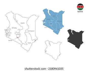 4 style of Kenya map vector illustration have all province and mark the capital city of Kenya. By thin black outline simplicity style and dark shadow style. Isolated on white background.