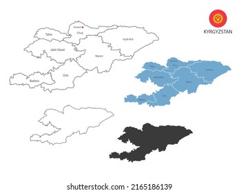 El estilo 4 de la ilustración del vector de mapas de Kirguistán tiene todas las provincias y marca la ciudad capital de Kirguistán. Por el estilo de simplicidad del contorno negro delgado y el estilo de sombra oscura. Aislado sobre fondo blanco.