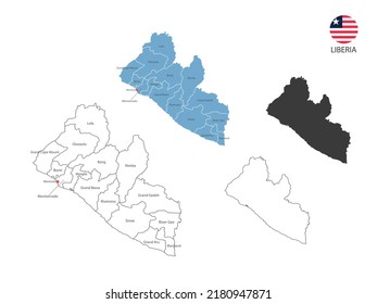 4 style of Liberia map vector illustration have all province and mark the capital city of Liberia. By thin black outline simplicity style and dark shadow style. Isolated on white background.