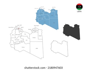 4 style of Libya map vector illustration have all province and mark the capital city of Libya. By thin black outline simplicity style and dark shadow style. Isolated on white background.
