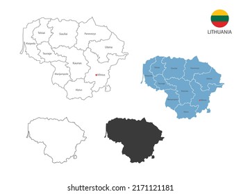 4 style of Lithuania map vector illustration have all province and mark the capital city of Lithuania. By thin black outline simplicity style and dark shadow style. Isolated on white background.