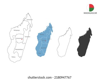4 style of Madagascar map vector illustration have all province and mark the capital city of Madagascar. By thin black outline simplicity style and dark shadow style. Isolated on white background.