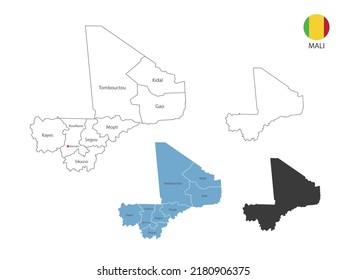 4 style of Mali map vector illustration have all province and mark the capital city of Mali. By thin black outline simplicity style and dark shadow style. Isolated on white background.