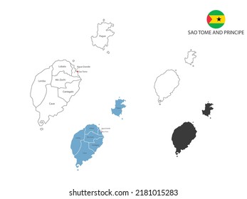 4 estilo de la ilustración del vector del mapa Santo Tomé y Príncipe tiene todas las provincias y marca la ciudad capital de Santo Tomé y Príncipe. Por el estilo de simplicidad del contorno negro delgado y el estilo de sombra oscura. 