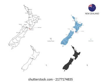 4 style of New Zealand map vector illustration have all province and mark the capital city of New Zealand. By thin black outline simplicity style and dark shadow style. Isolated on white background.