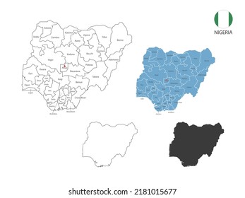 4 style of Nigeria map vector illustration have all province and mark the capital city of Nigeria. By thin black outline simplicity style and dark shadow style. Isolated on white background.