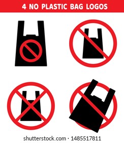 4 style of no plastic bag logos on white background, vector eps10 illustration. Stop using shopping plastic package symbols.