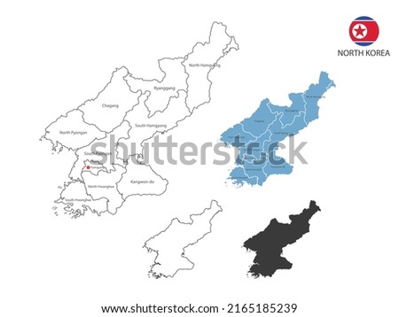 4 style of North Korea map vector illustration have all province and mark the capital city of North Korea. By thin black outline simplicity style and dark shadow style. Isolated on white background.