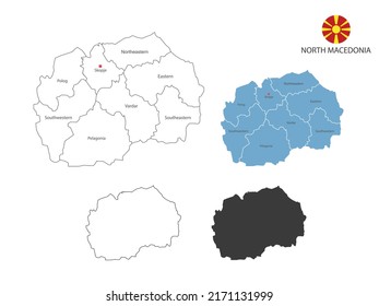 4 Stil von Nordmakedonien Karte Vektorgrafik haben alle Provinz und kennzeichnet die Hauptstadt von Nordmakedonien. Mit dünner schwarzer Umrisslinie schlichter Stil und dunklem Schattenstil. 