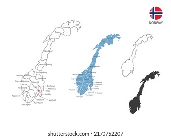 4 style of Norway map vector illustration have all province and mark the capital city of Norway. By thin black outline simplicity style and dark shadow style. Isolated on white background.