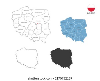 4 style of Poland map vector illustration have all province and mark the capital city of Poland. By thin black outline simplicity style and dark shadow style. Isolated on white background.