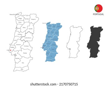 4 style of Portugal map vector illustration have all province and mark the capital city of Portugal. By thin black outline simplicity style and dark shadow style. Isolated on white background.