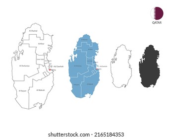4 style of Qatar map vector illustration have all province and mark the capital city of Qatar. By thin black outline simplicity style and dark shadow style. Isolated on white background.
