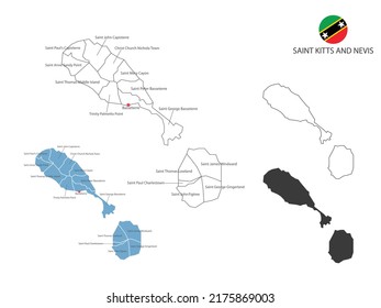 4 style of Saint Kitts and Nevis map vector illustration have all province and mark the capital city of Saint Kitts and Nevis. By thin black outline simplicity style and dark shadow style. 