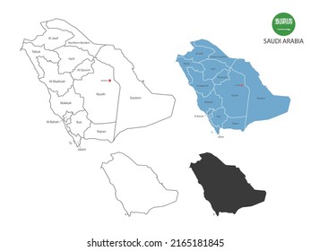 4 estilo de la ilustración de un vector de mapa de Arabia Saudita tiene toda la provincia y marca la ciudad capital de Arabia Saudita. Por el estilo de simplicidad del contorno negro delgado y el estilo de sombra oscura. Aislado sobre fondo blanco.