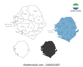 4 style of Sierra Leone map vector illustration have all province and mark the capital city of Sierra Leone. By thin black outline simplicity style and dark shadow style. Isolated on white background.